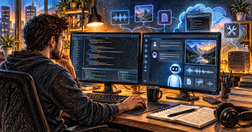 Color-pencil illustration of a developer building an AI application with code, voice, image and agent tools