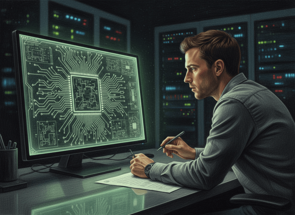 Color-pencil illustration of an engineer reviewing an AI accelerator chip design in a semiconductor lab.
