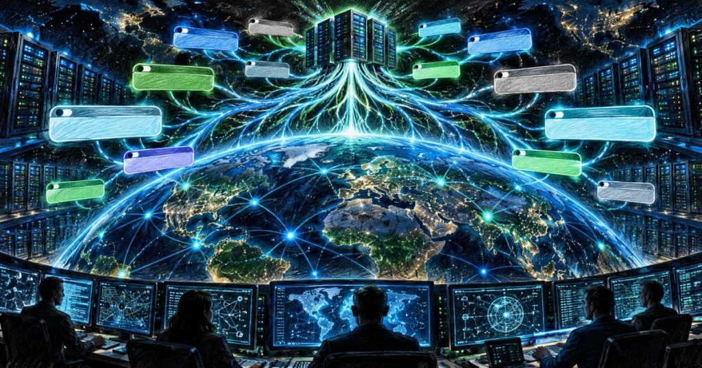 Colored-pencil illustration of a global internet network branching from servers into new domain-like endpoints.