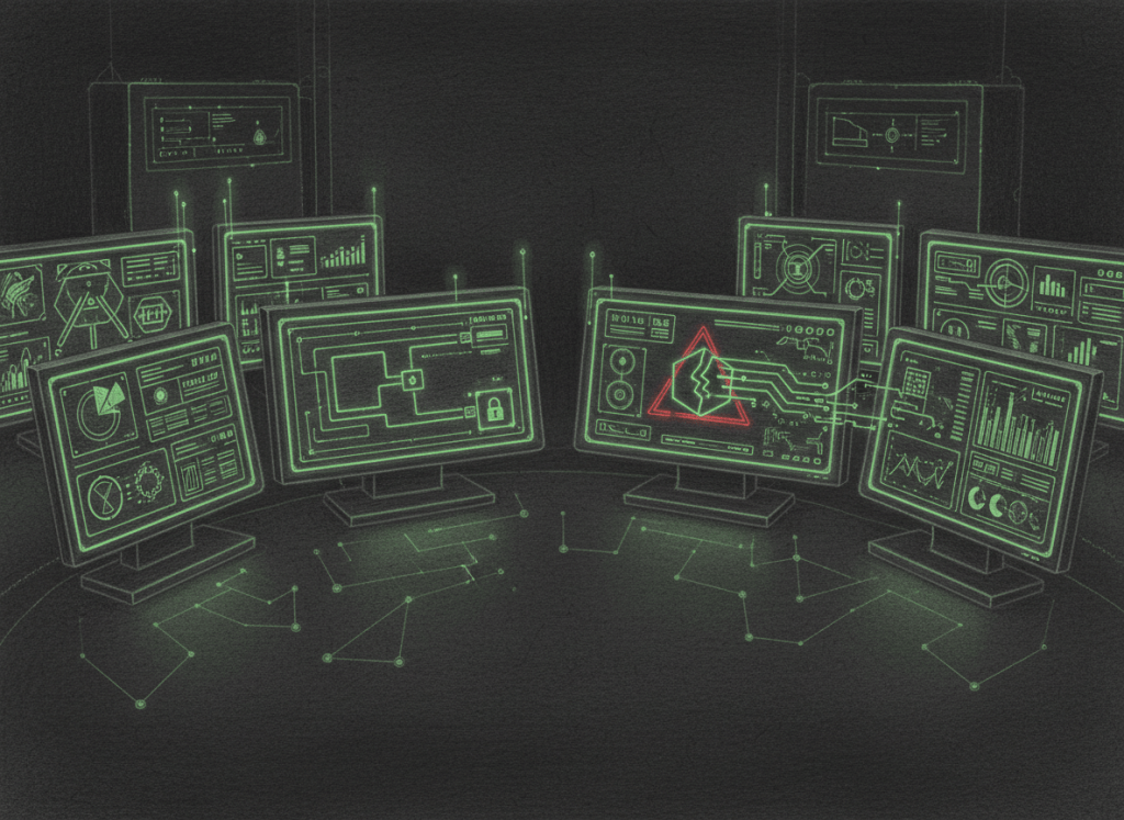 Color-pencil illustration of AI agents interacting with security sandboxes, DNS paths, and monitoring systems.