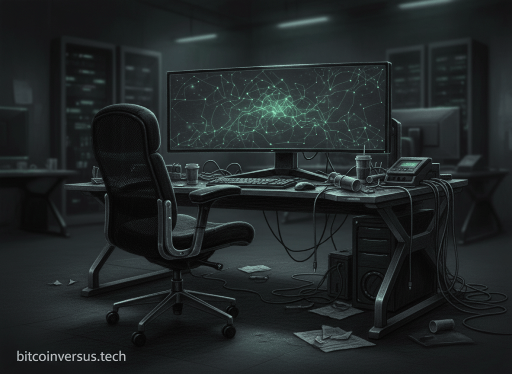 Editorial illustration of an empty AI research workstation chair symbolizing a safety leader resignation