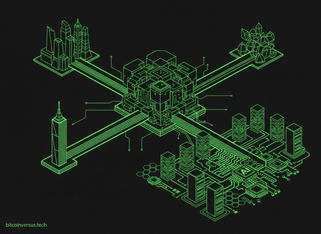 Neon finance diagram showing large institutional capital flowing into AI infrastructure, data centers, power and advanced chips.