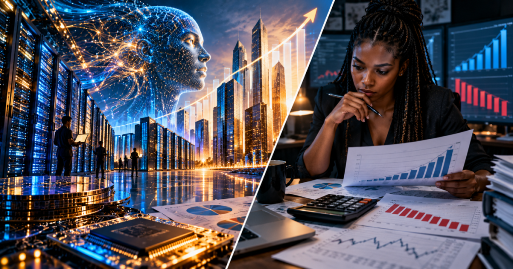 Split-screen editorial art of a data-center AI future and a financial analyst studying company valuation and earnings charts.