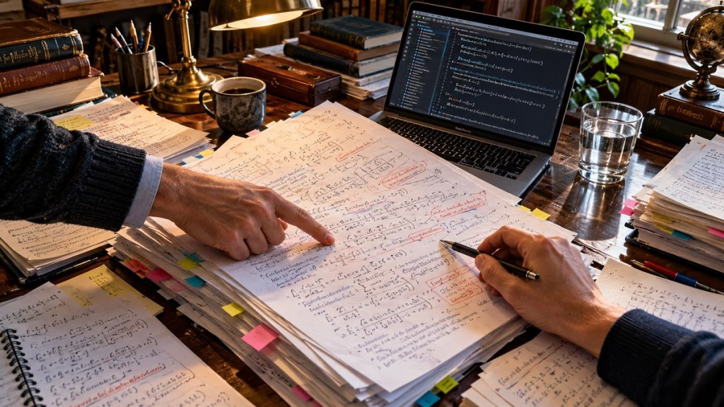 Editorial illustration of researchers reviewing mathematical proof pages alongside computer code