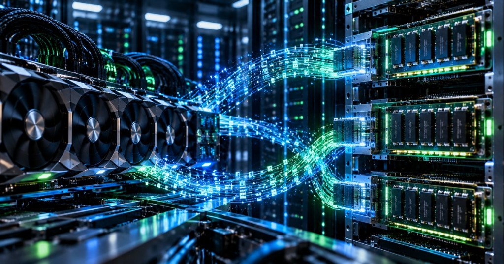 GPU racks and memory modules linked by looping data streams representing AI agent cache traffic
