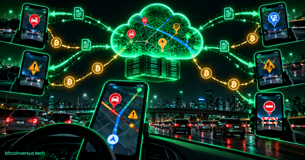 Neon illustration of drivers sending live road reports to a navigation network and receiving Bitcoin micropayments.