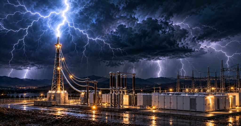 Lightning striking a purpose-built capture tower beside grid equipment and battery containers during a storm