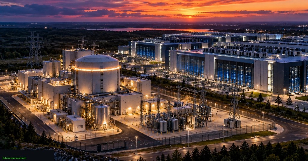 Cinematic editorial view of a nuclear power facility next to a large data-center campus at sunset, with only a small neon-green Bitcoinversus.tech tag at bottom left.