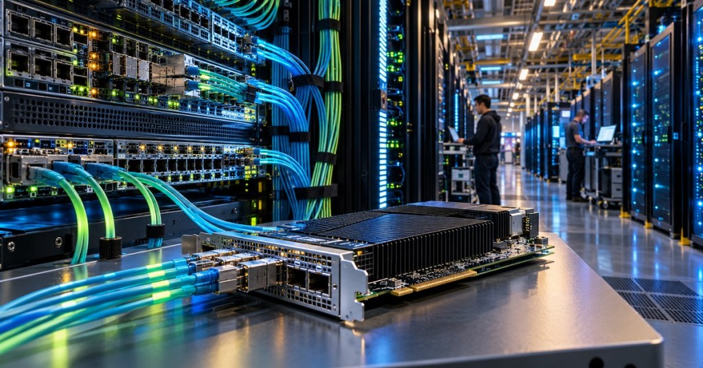 Editorial depiction of AI data center network switches, fiber optics, accelerator hardware and technicians, not actual Oracle equipment