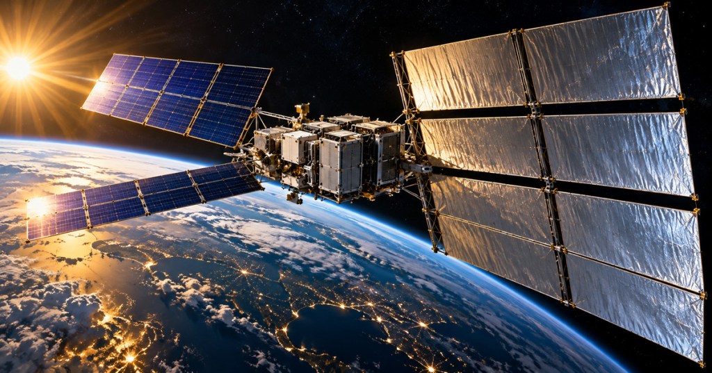 Original editorial illustration of an orbital AI satellite with large radiator wings and solar arrays above Earth, not an actual SpaceX spacecraft photograph.