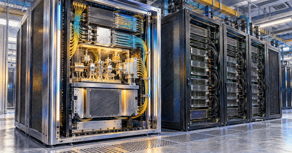Realistic color-pencil editorial scene of a photonic quantum computer beside GPU racks in a data center.