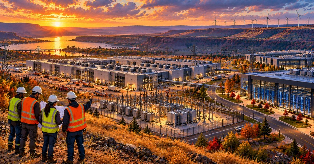 Original photo-anime editorial scene of engineers overlooking a large data center and electrical infrastructure by a river at sunset; an imagined scene, not a project photograph