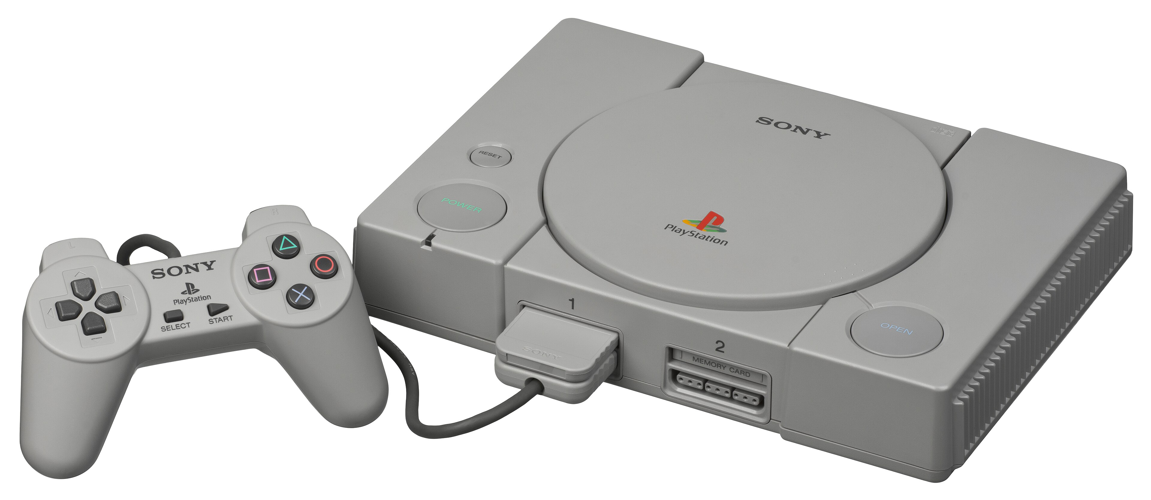 An original Sony PlayStation SCPH-1000 console with controller and memory card, representing the platform at issue in Sony v. Connectix.