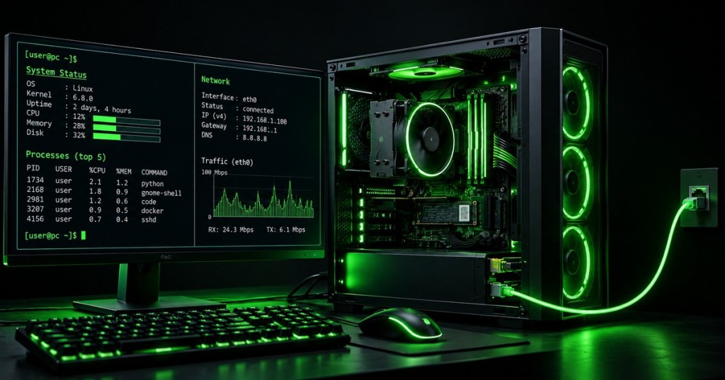 Dark technical workstation showing computer hardware, Linux system status, and Ethernet networking in neon green