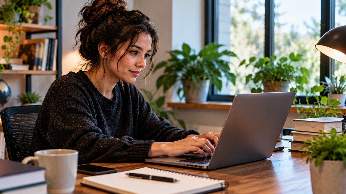 A programmer typing on a laptop in a bright plant-filled workspace.
