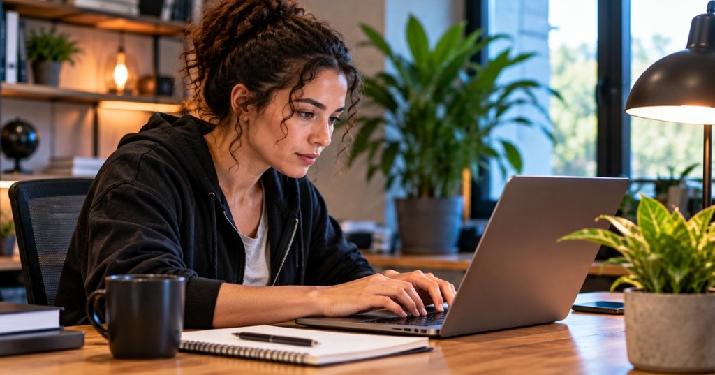 A programmer working at a laptop in a warm modern office.