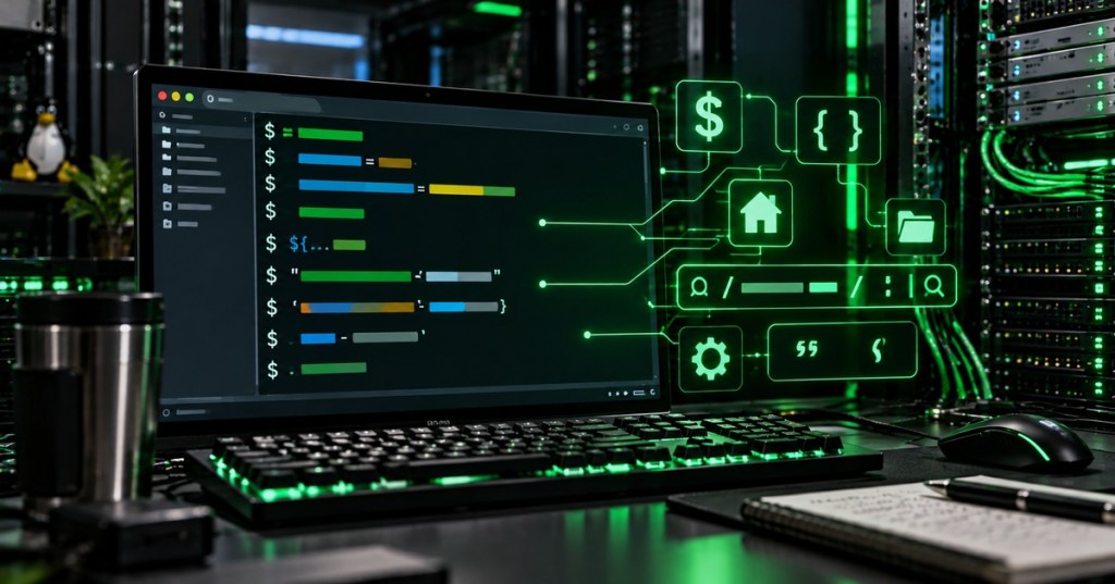 Dark Bash scripting workstation with neon-green variable, path, brace, quote, and home-directory symbols.