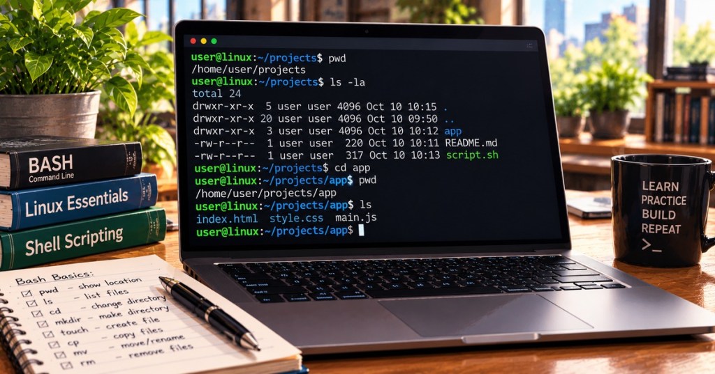 Realistic color-pencil style laptop workspace showing Bash pwd, ls, and cd commands and a project path in a Linux terminal