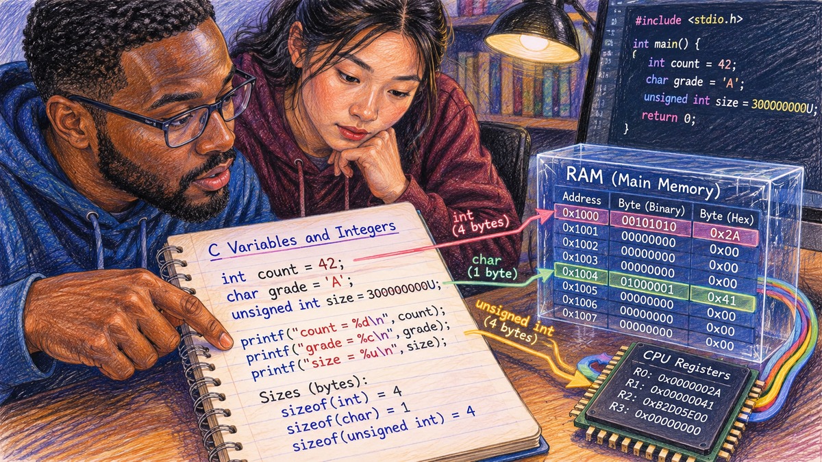 Realistic color-pencil illustration of programmers studying C variables, integer values, RAM bytes and CPU register representation.