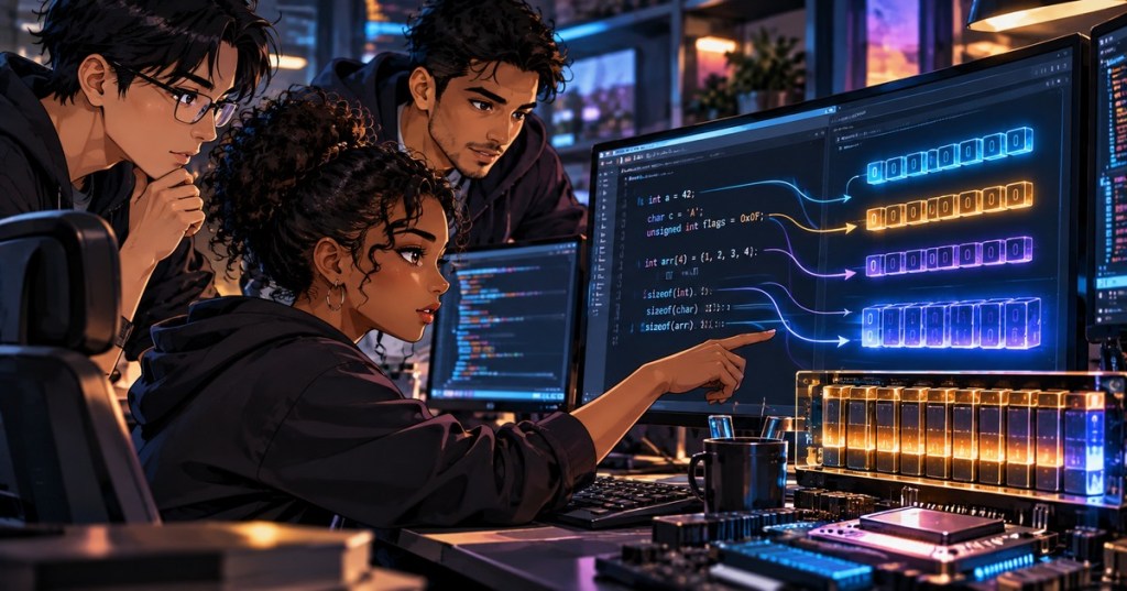 Anime-style programmers study C variables, integer types, memory bytes and CPU data representation on glowing screens in a programming lab.