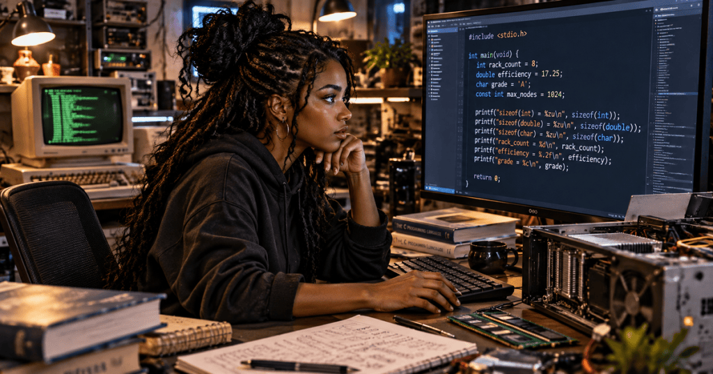 Photorealistic systems programmer studying C variable declarations and fundamental data types in a low-level computing workshop
