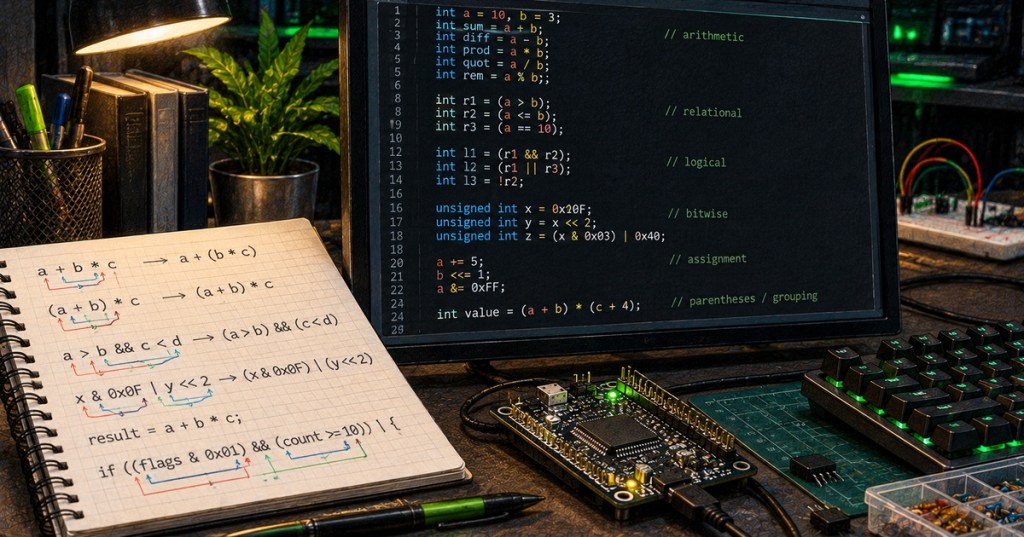 C programming workspace showing arithmetic, relational, logical, bitwise, assignment, and precedence examples beside an embedded development board.