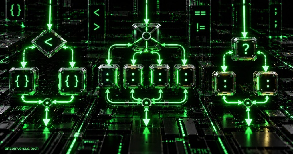 Dark neon-green technical illustration of branching C control flow paths for if, else, switch, and the conditional operator.