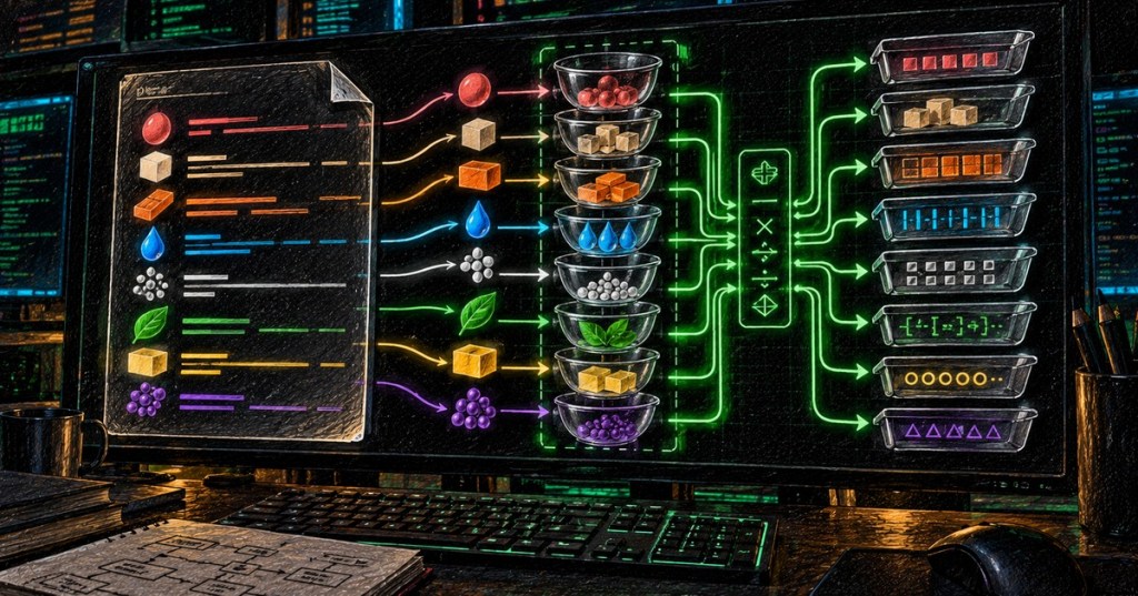 Colored-pencil illustration of recipe-style code flowing through stack-like mixing bowls into program output trays.