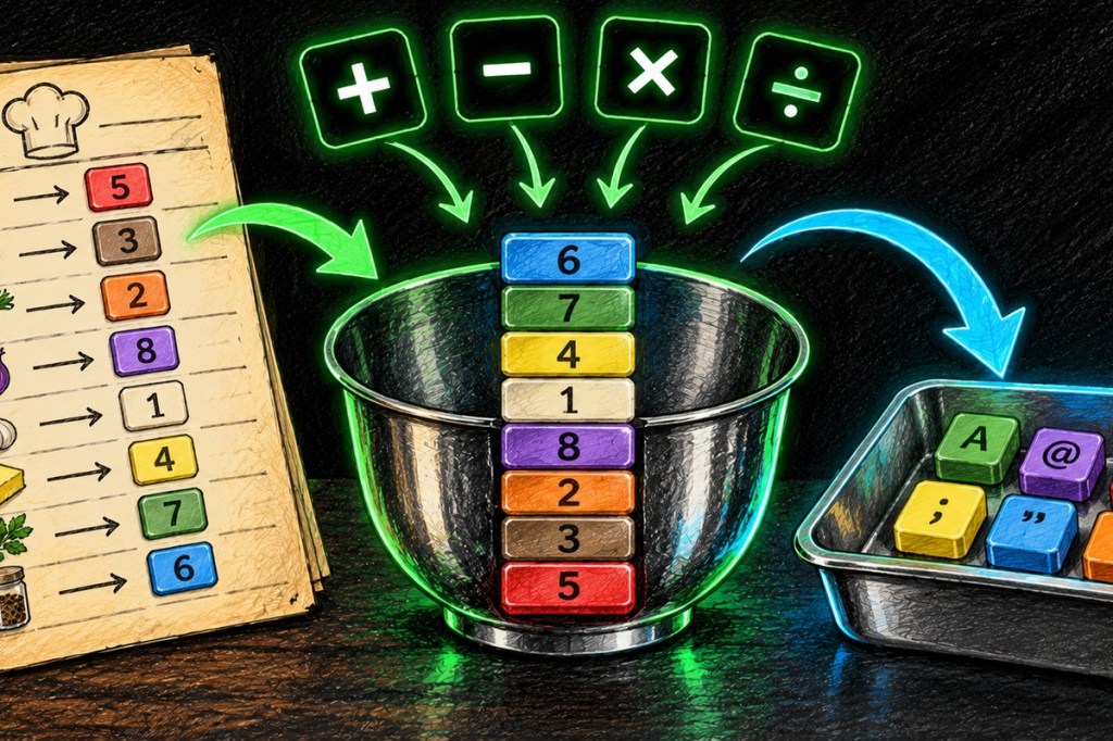 Colored-pencil diagram of ingredient values flowing into a stack-like mixing bowl and then into a baking-dish output buffer.