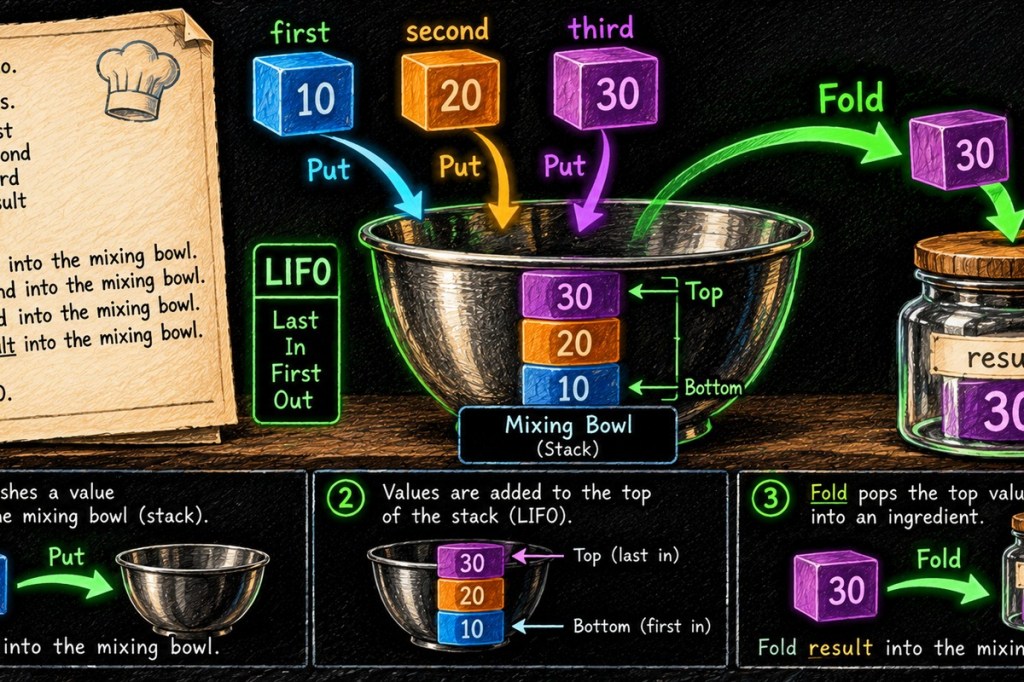Visual diagram of Chef programming language values 10, 20, and 30 being pushed into a mixing-bowl stack and the top value being folded into a result variable.