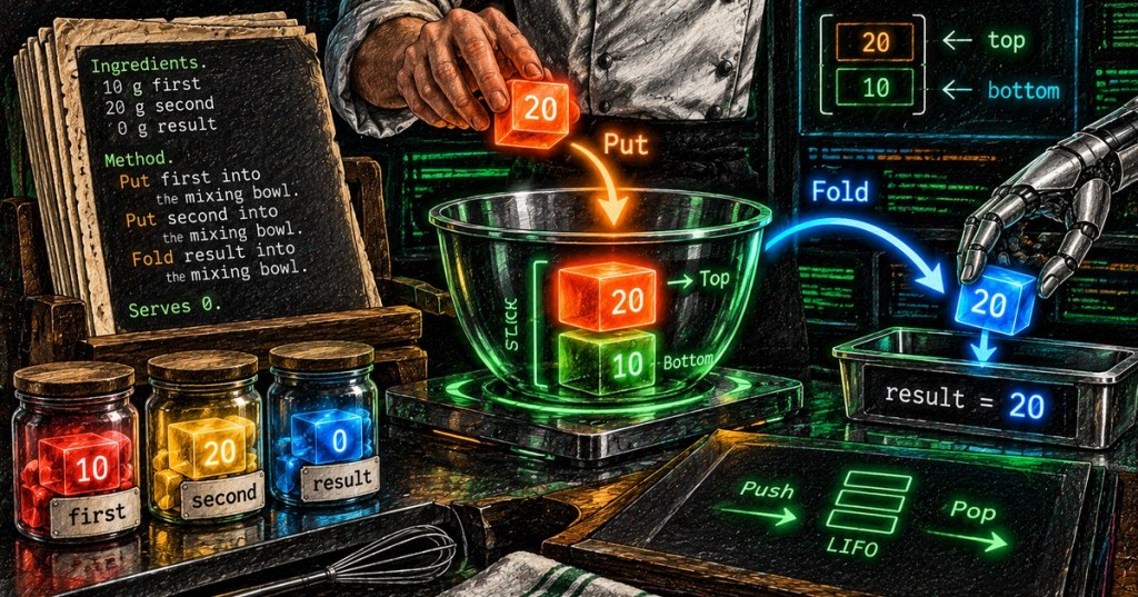 Programming lesson illustration using a chef recipe metaphor to show Put pushing values into a LIFO mixing-bowl stack and Fold popping the top value into a result variable.