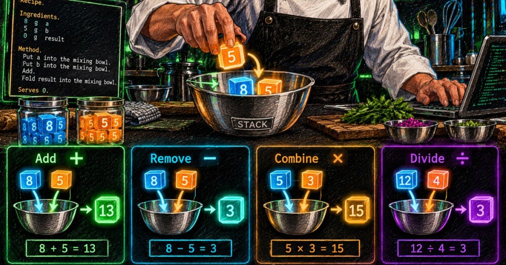Chef programming language arithmetic visual showing Add, Remove, Combine, and Divide with exact stack results including 12 divided by 4 equals 3.