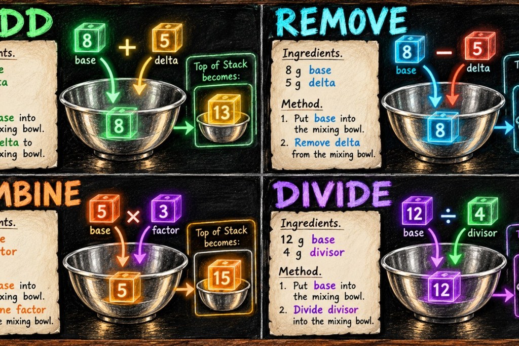 Chef programming diagram showing Add, Remove, Combine, and Divide modifying the top value of a mixing-bowl stack using named ingredients.