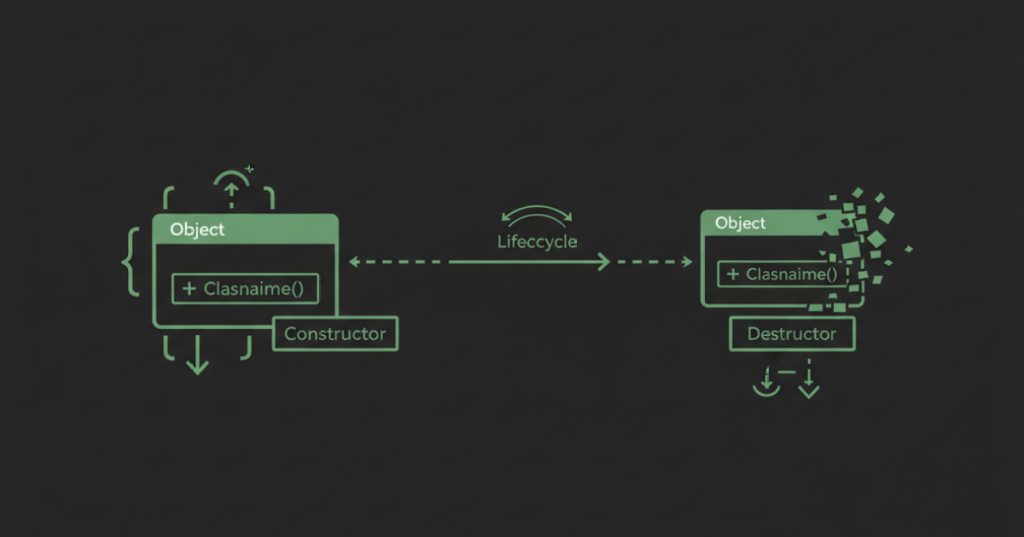 Minimal black and neon-green illustration representing C++ object construction and destruction.