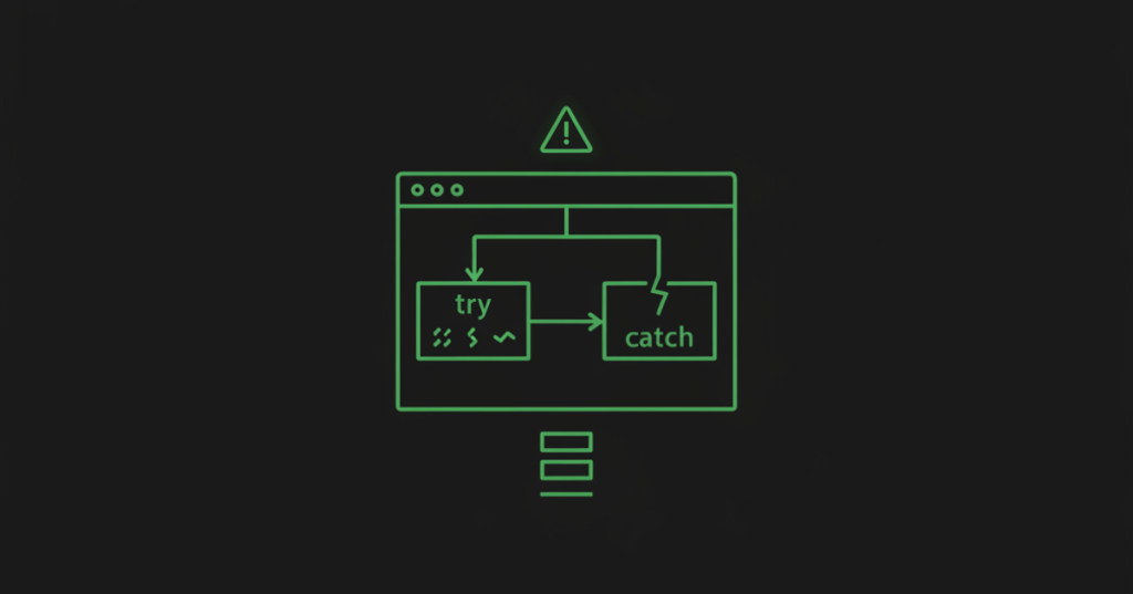 Minimal black and neon-green illustration representing C++ exception handling with try and catch flow.