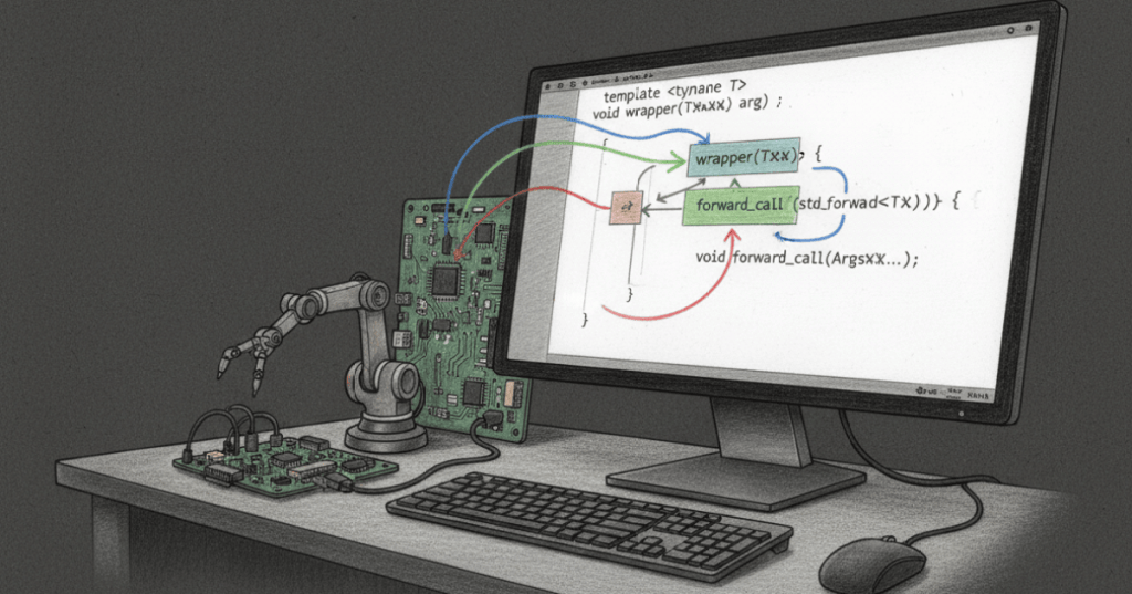 Colored-pencil illustration of a C++ developer workstation representing perfect forwarding, templates, and systems programming.