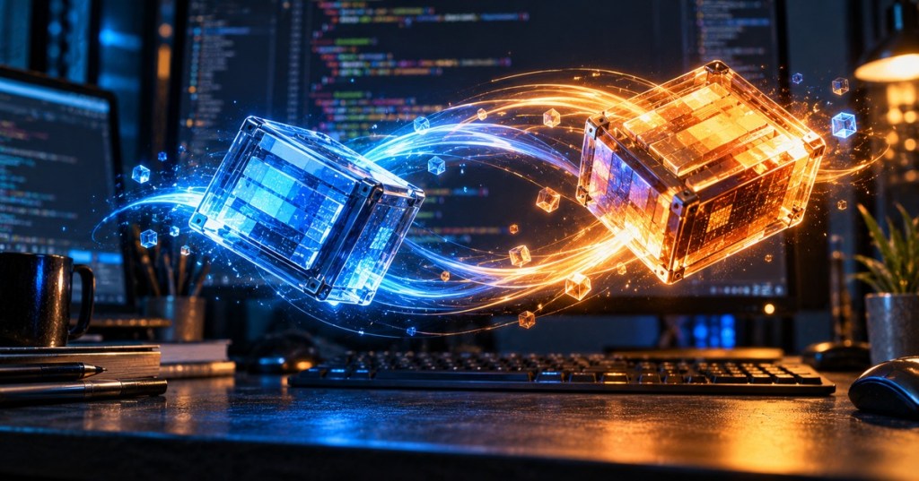 Two glowing data blocks swapping positions above a C++ programming workstation, representing custom swap and safe state exchange.