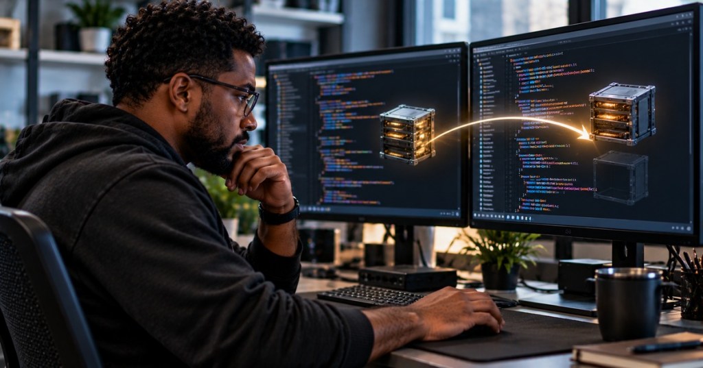 African American C++ developer studying resource transfer and move semantics on dual monitors