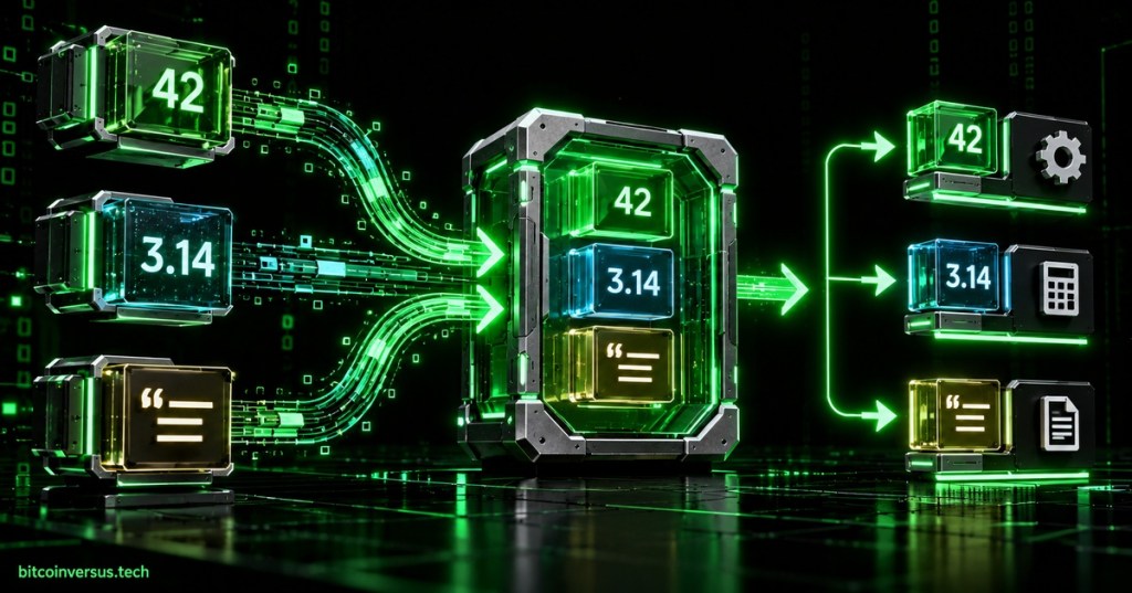 Dark neon-green technical illustration showing multiple C++ value types flowing into a type-safe variant container and dispatching to matching handlers.