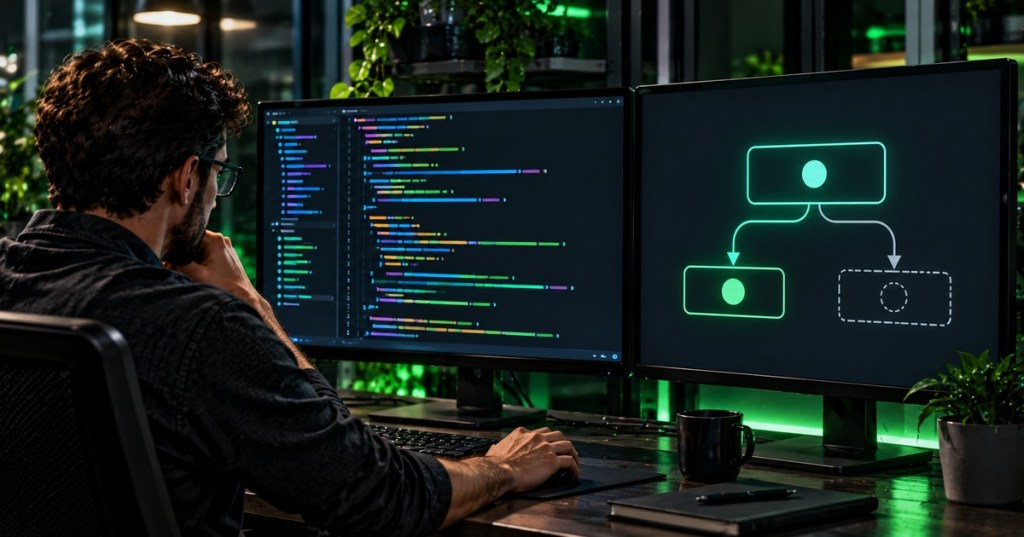 C++ developer working at a dark workstation with abstract code and a branching runtime type-flow diagram.