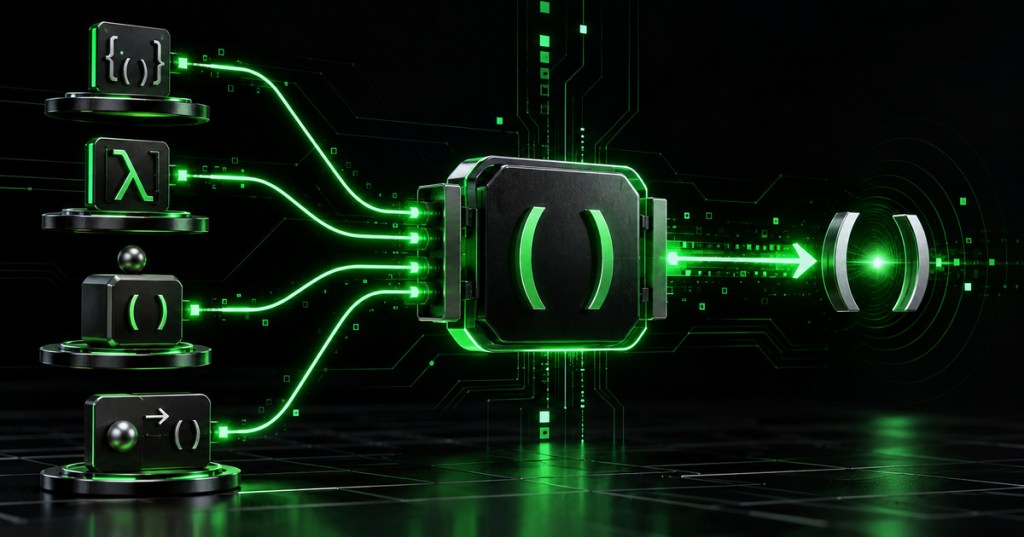 Minimal black and neon-green technical artwork showing several C++ callable forms converging into one generic callable wrapper and invoking a target.