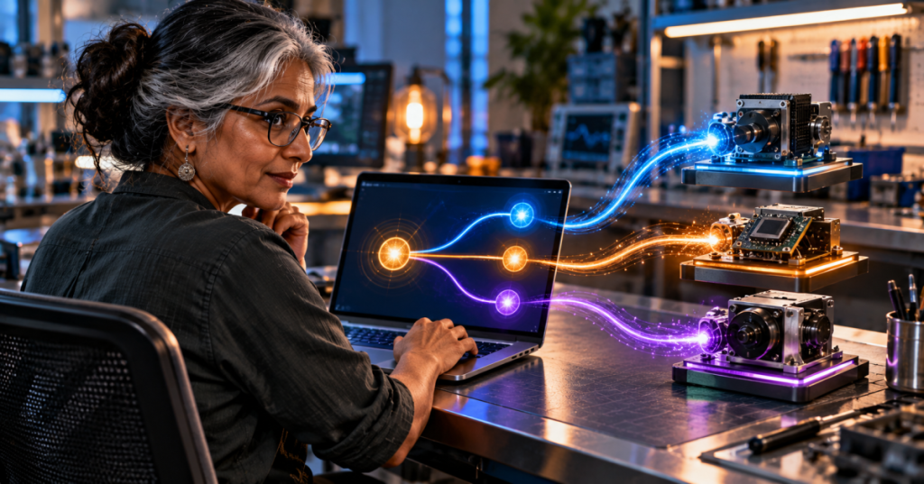Older South Asian software engineer at laptop with glowing connected hardware callable concepts