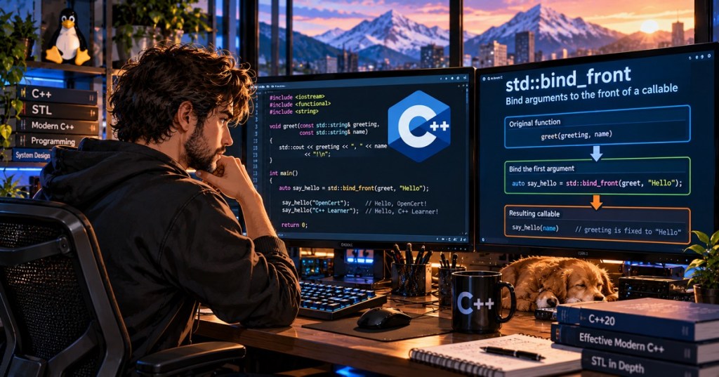 C++ programmer at dual-monitor workstation exploring std::bind_front with code and a sleeping dog