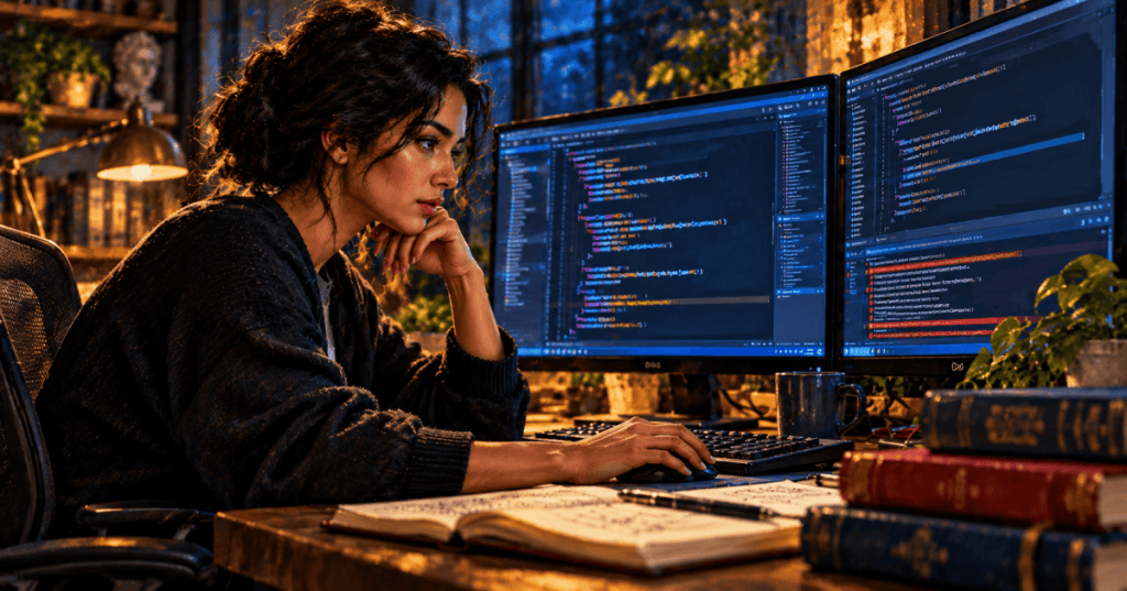 Woman software engineer working on modern C++ code at a desk