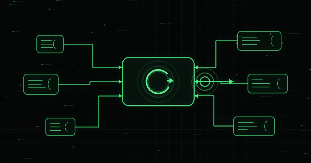 Minimal black and neon-green technical artwork showing multiple callable inputs converging into a single function wrapper and invocation path.