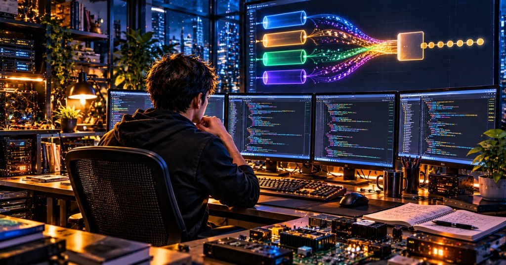 Detailed anime editorial illustration of a programmer at a neon code workstation with streams of data flowing toward a fixed endpoint
