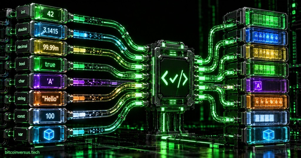 Dark neon technical illustration showing C# variables and built-in types flowing through a compiler into organized typed memory.