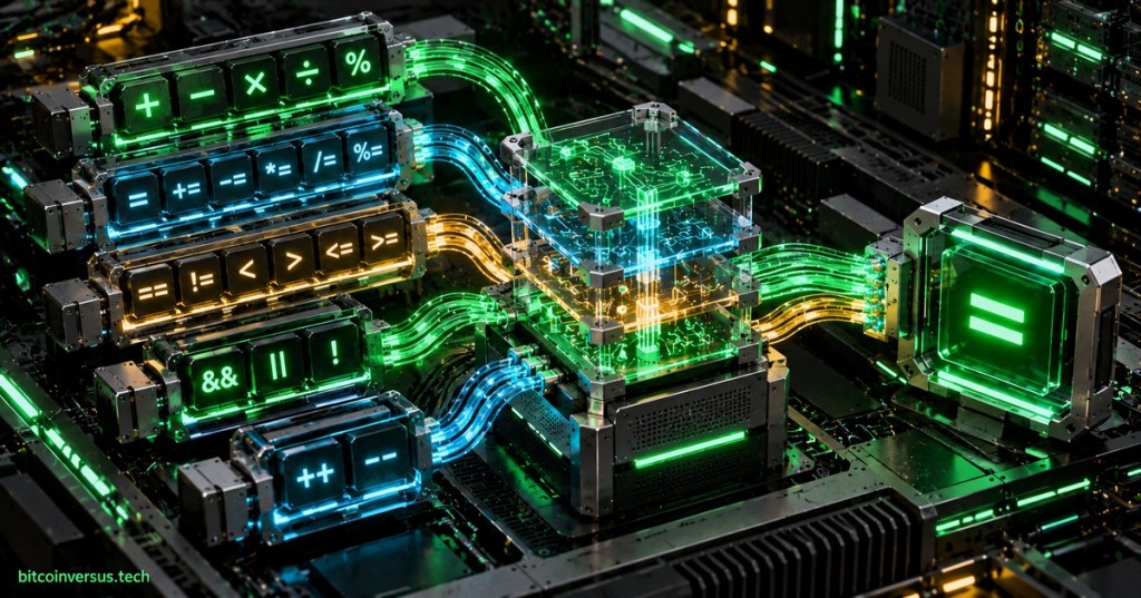 Original neon technical illustration of C# arithmetic, assignment, comparison, logical, and increment operators feeding a central computing core.