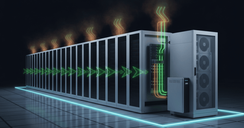 Dark data center aisle showing engineered hot and cold airflow paths, precision cooling equipment, and a liquid-cooling CDU loop with neon-green technical overlays.