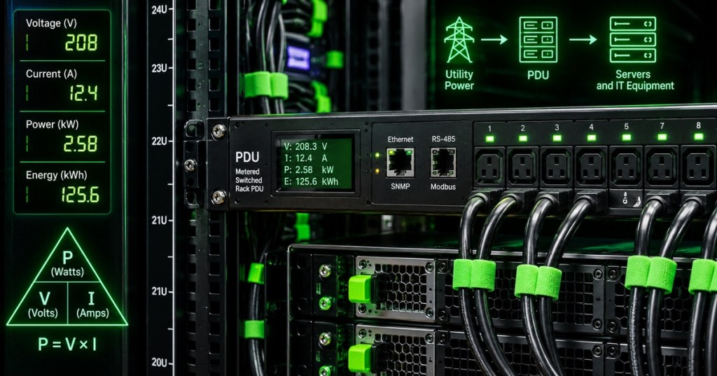 Dark data center rack with a metered PDU, power cables, voltage and current readings, utility-to-PDU-to-server diagram, and neon-green electrical overlays.